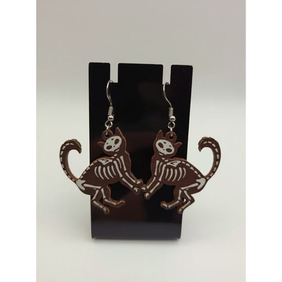 Skeleton Cat Earrings | Lightweight Wooden Dangle Earrings | Spooky Cute | New - Picture 1 of 2